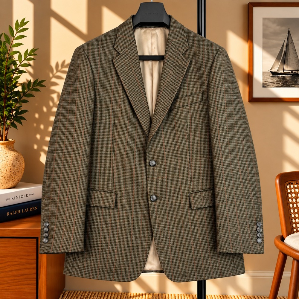 Lauren Ralph Lauren Blazer Mens 44L Brown Vintage Wool Houndstooth Made Canada